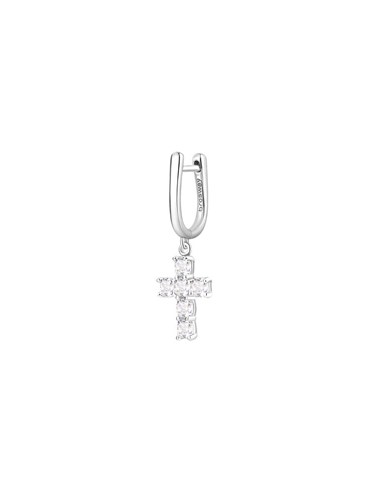 MONO ORECCHINO PENDENTE DONNA IN ARGENTO A FORMA DI CROCE CON ZIRCONI BIANCHI FANCY BROSWAY