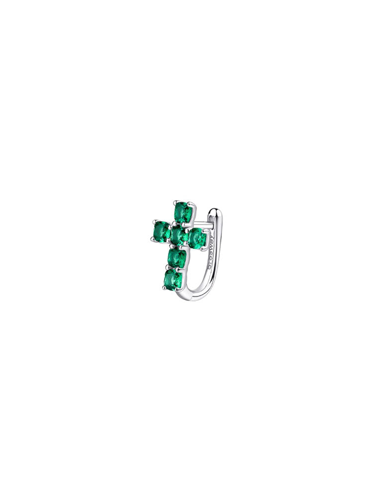 MONO ORECCHINO DONNA IN ARGENTO A FORMA DI CROCE CON CUSHION CUBIC ZIRCONIA SMERALDO FANCY BROSWAY