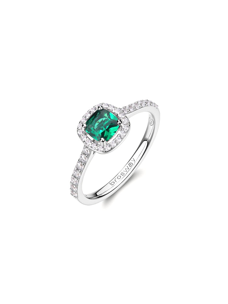 ANELLO DONNA IN ARGENTO CON ZIRCONI BIANCHI E ZIRCONE CENTRALE VERDE MIS 14 FANCY BROSWAY