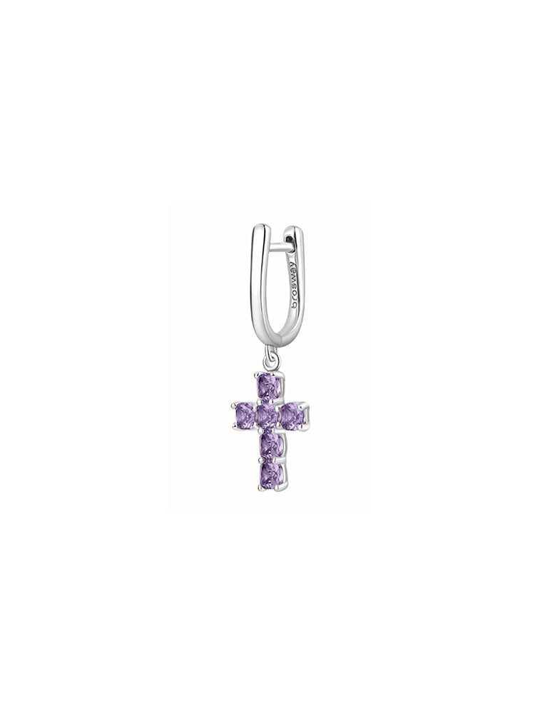 MONO ORECCHINO DONNA PENDENTE IN ARGENTO A FORMA DI CROCE CON ZIRCONI VIOLA FANCY BROSWAY