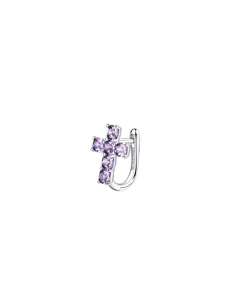 MONO ORECCHINO DONNA A LOBO IN ARGENTO CON CROCE E ZIRCONI VIOLA FANCY BROSWAY