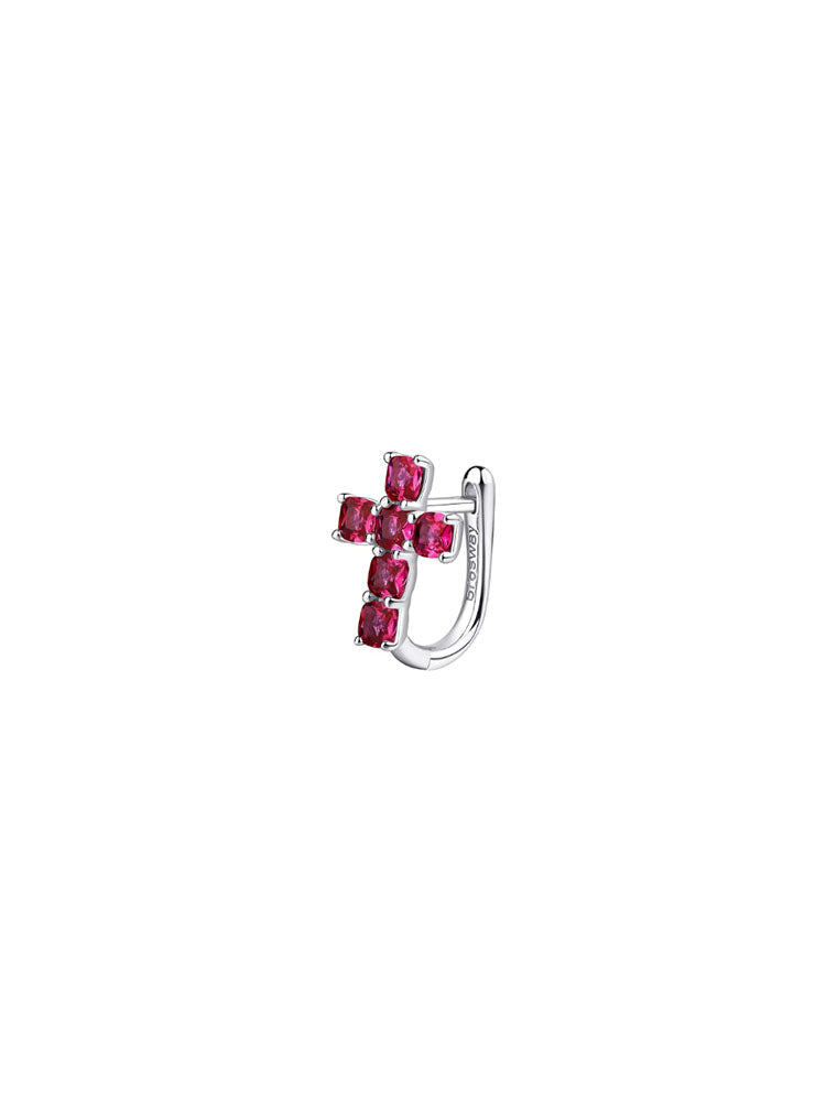 MONO ORECCHINO DONNA A LOBO IN ARGENTO A FORMA DI CROCE RUBINO FANCY BROSWAY