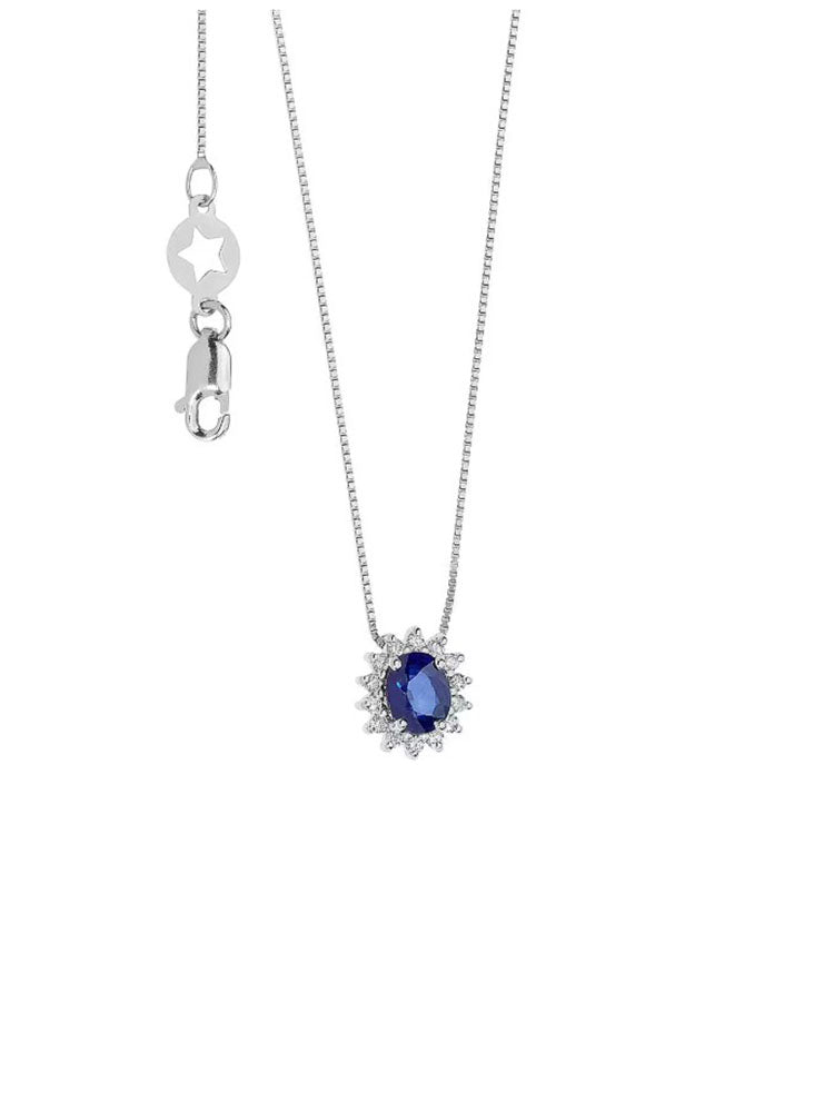 COLLANA DONNA IN ORO BIANCO CON ZAFFIRO OVALE E DIAMANTI COMETE GIOEILLI