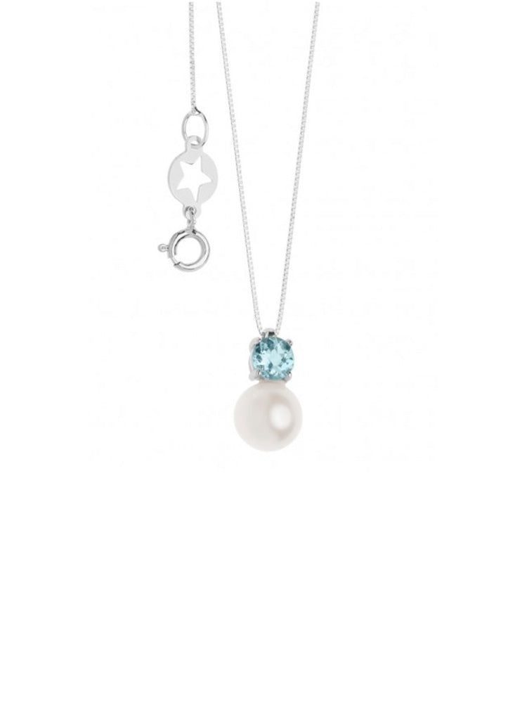 COLLANA DONNA IN ORO BIANCO CON PERLA E ACQUA MARINA COMETE GIOIELLI