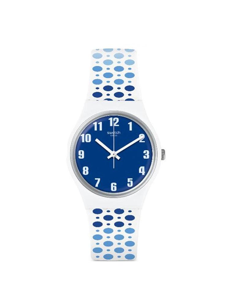 OROLOGIO UNISEX SOLO TEMPO IN SILICONE BIANCO A POIS BLU SWATCH