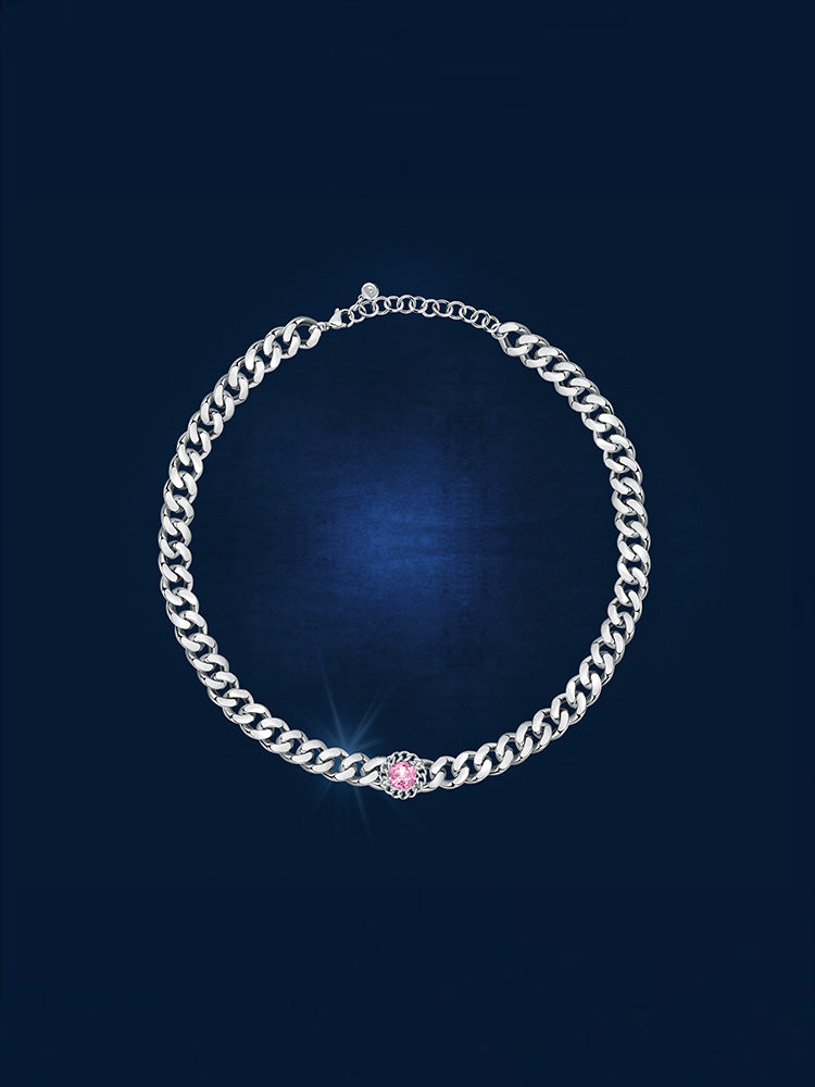 COLLANA DONNA CHAIN A CATENA IN ACCIAIO PLACCATO RODIO CON CRISTALLO ROSA E ZIRCONI BIANCHI CHIARA FERRAGNI