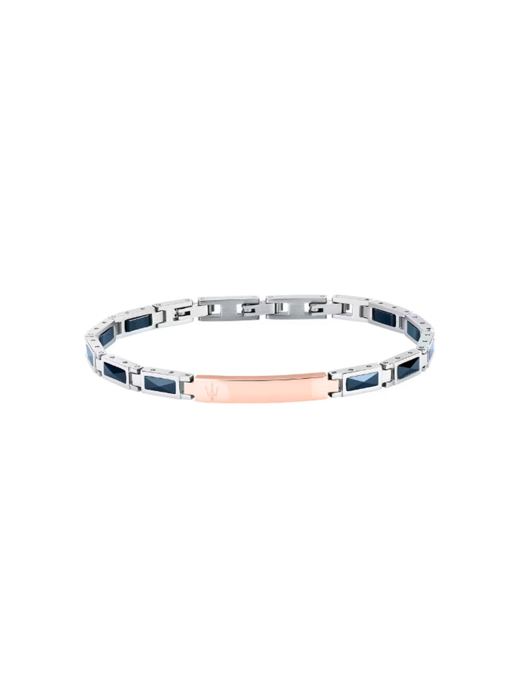 BRACCIALE UOMO IN ACCIAIO CON MAGLIE BLU IN CERAMICA E PLACCHETTA ROSATA MASERATI