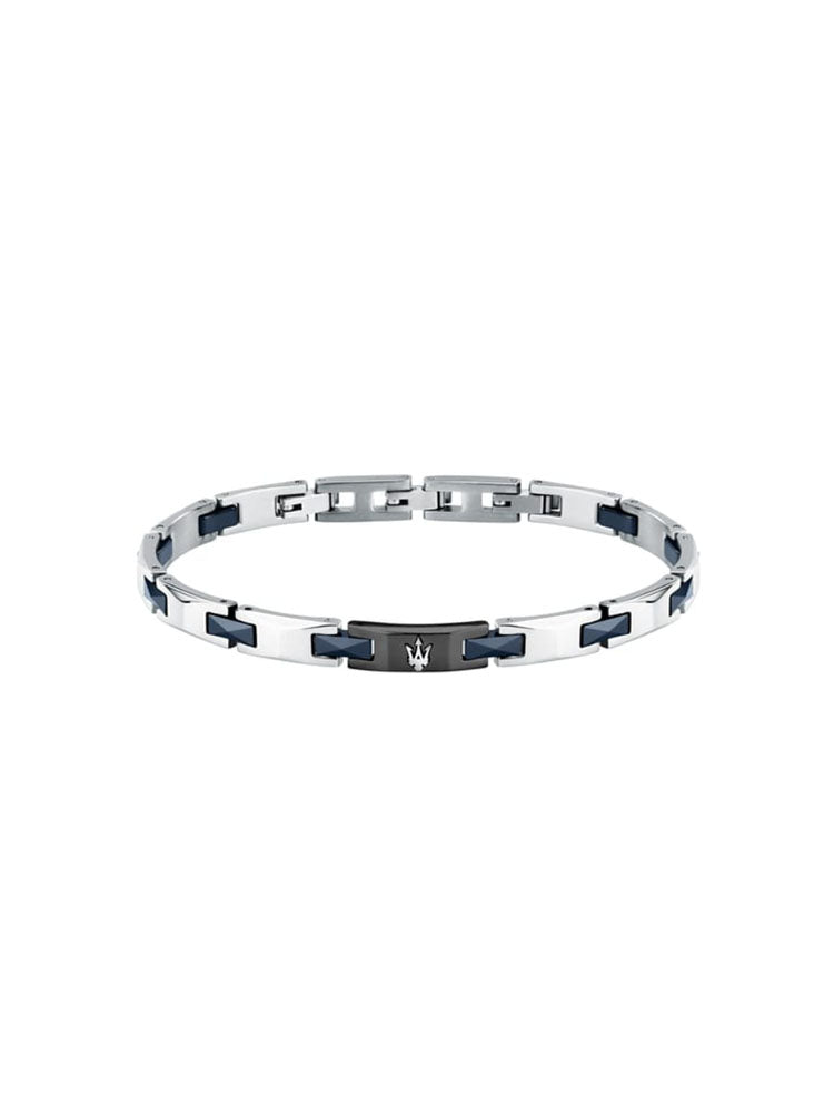 BRACCIALE UOMO IN ACCIAIO CON INSERTI BLU E CENTRALE IN CERAMICA NERA MASERATI