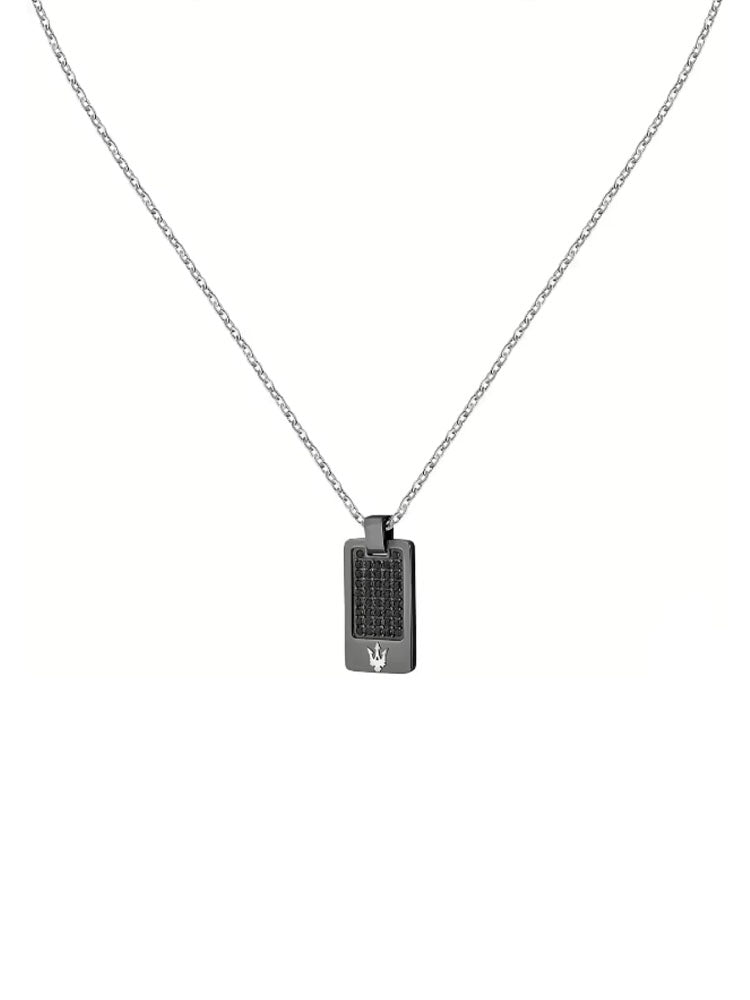 COLLANA UOMO IN ACCIAIO CON TARGHETTA BRUNITA E ZIRCONI NERI MASERATI