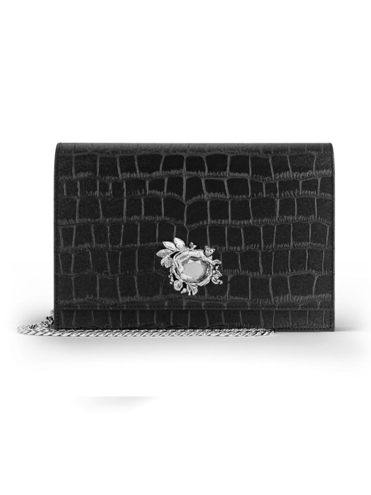 POCHETTE DONNA JUNGLE PELLE CROCO NERA GIOVANNI RASPINI