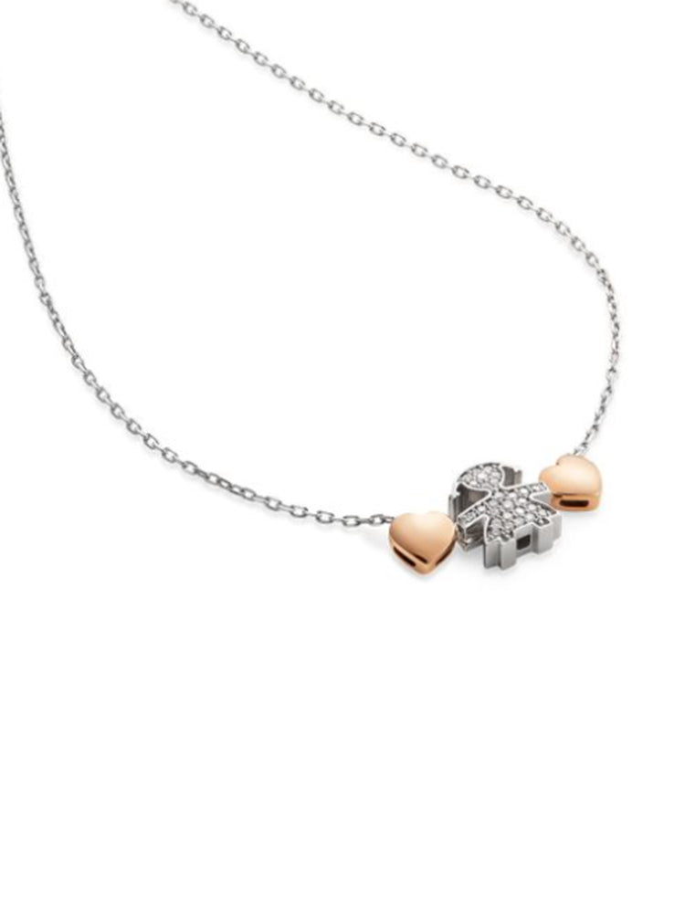 COLLANA DONNA SAGOMA BIMBA IN ORO BIANCO CON DIAMANTI E CUORI IN ORO ROSA LE BEBE'