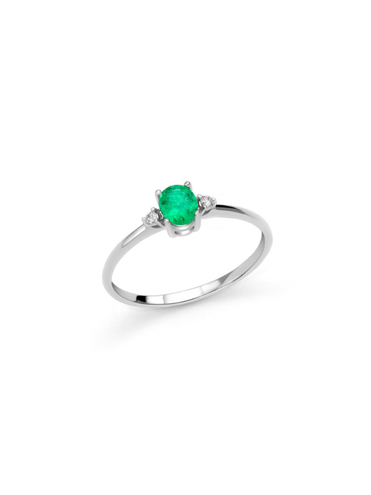 ANELLO DONNA IN ORO BIANCO 18KT CON SMERALDO CENTRALE E DIAMANTI LATERALI MILUNA