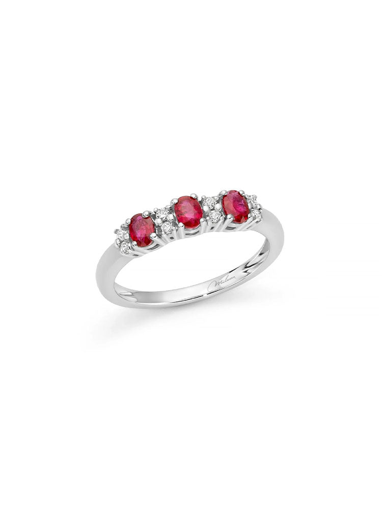 ANELLO DONNA TRILOGY DI RUBINI TAGLIO OVALE E DIAMANTI IN ORO BIANCO 18KT MILUNA