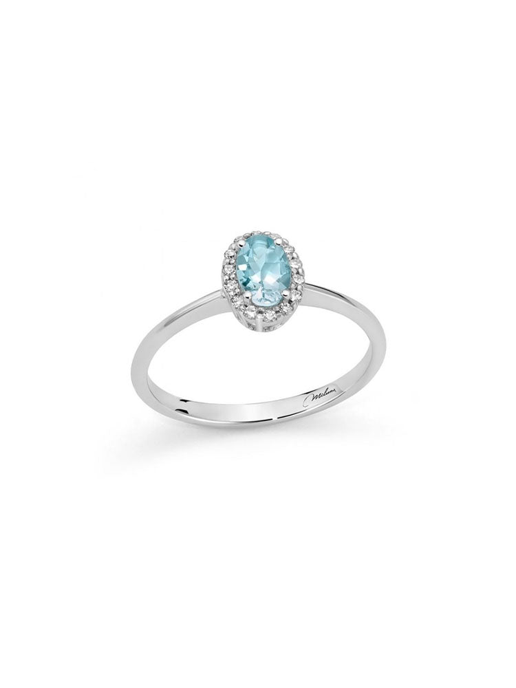 ANELLO DONNA IN ORO BIANCO 18KT CON DIAMANTI E ACQUAMARINA TAGLIO OVALE MILUNA