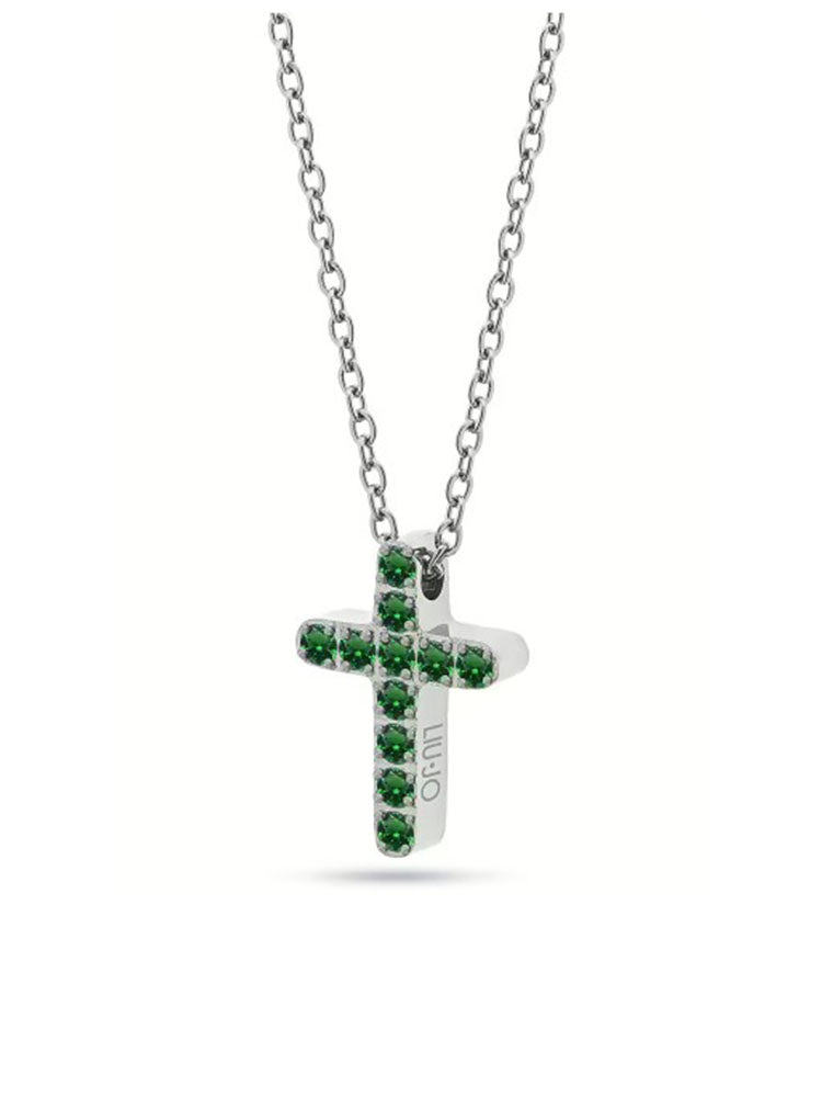 COLLANA DONNA ESSENTIAL IN ACCIAIO COLOR ARGENTO CON CROCE DI CRISTALLI VERDI LIU JO