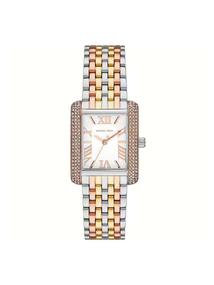 OROLOGIO DONNA SOLO TEMPO IN ACCIAIO TRICOLORE SILVER GOLD E ROSE GOLD CASSA RETTANGOLARE CON ZIRCONI COLLEZIONE MINI EMERY MICHAEL KORS