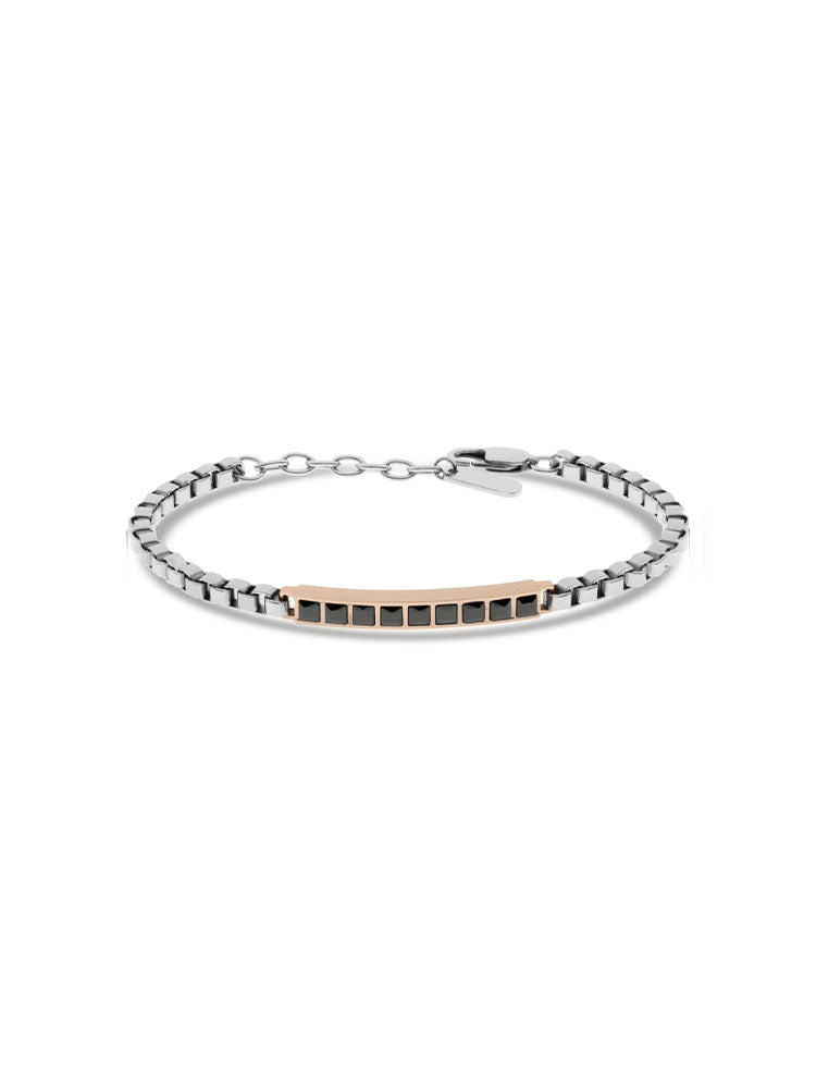 BRACCIALE UOMO IN ACCIAIO A CATENA VENEZIANA BICOLORE SILVER E ORO ROSA CON ZIRCONI CENTRALI NERI LIU JO