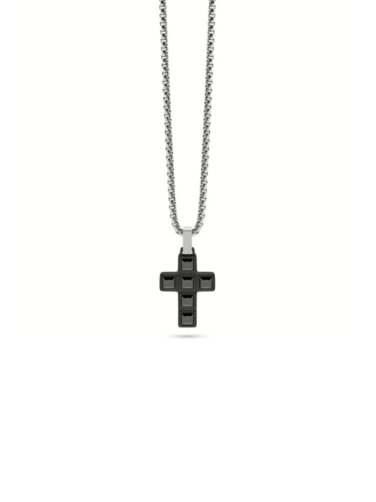 COLLANA UOMO IN ACCIAIO A CATENA CON CROCE PENDENTE DI ZIRCONI NERI LIU JO
