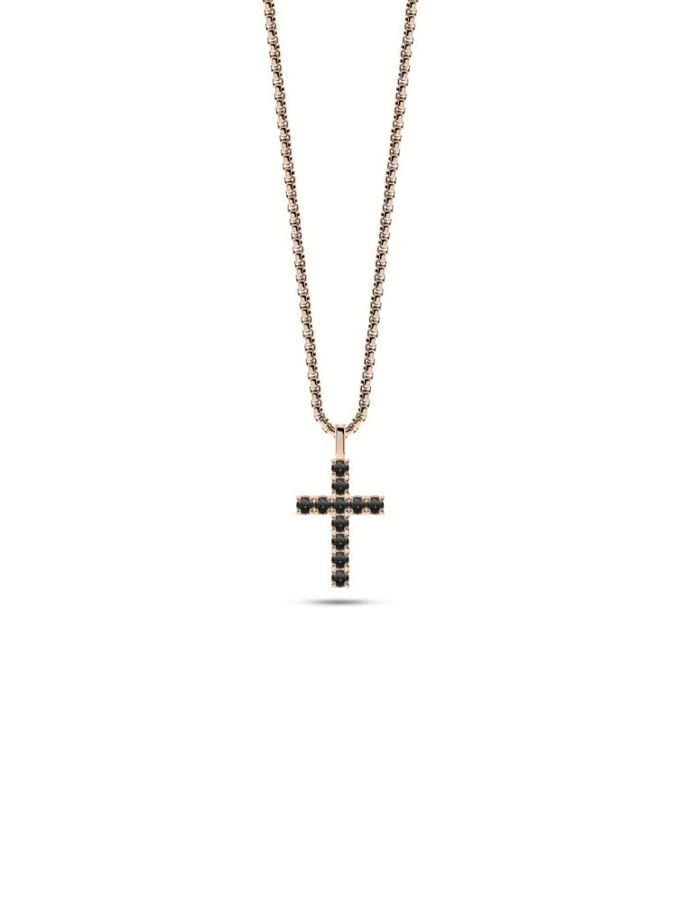COLLANA UOMO IN ACCIAIO A CATENA COLOR ORO ROSA CON CROCE PENDENTE DI ZIRCONI NERI LIU JO
