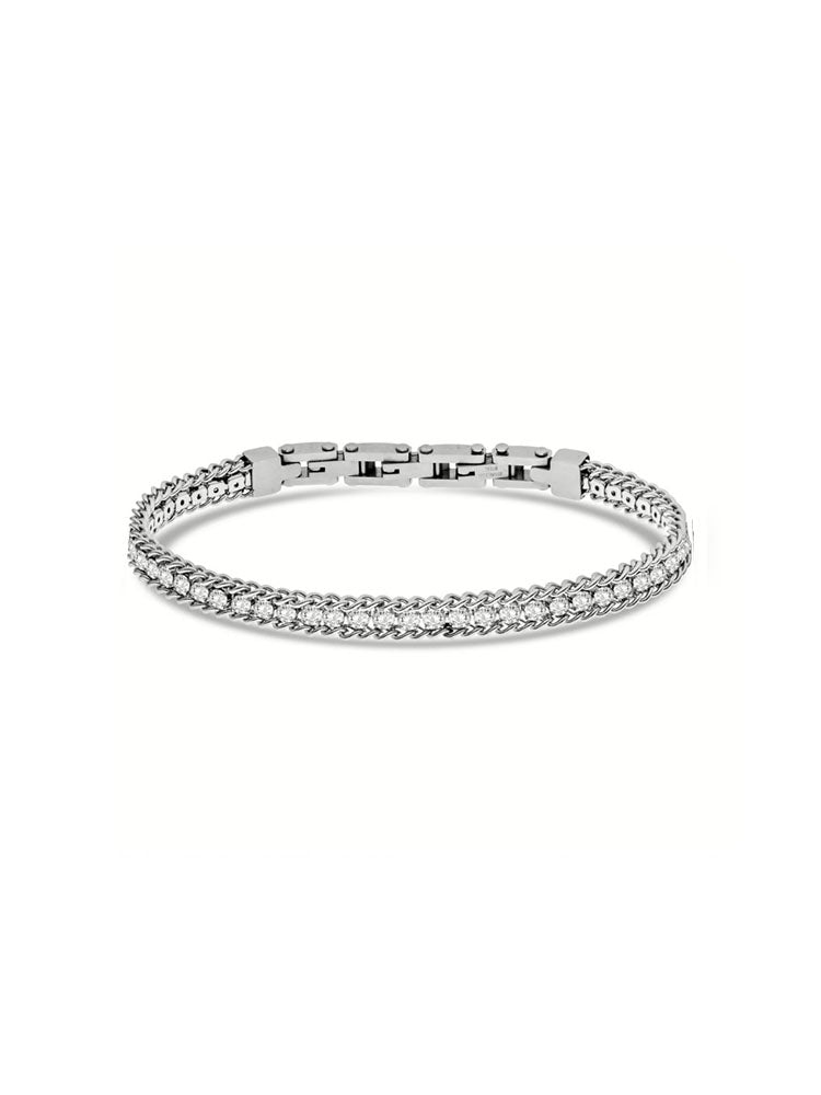 BRACCIALE UOMO IN ACCIAIO CON CATENA GRUMETTE E CATENA TENNIS DI ZIRCONI BIANCHI LIU JO