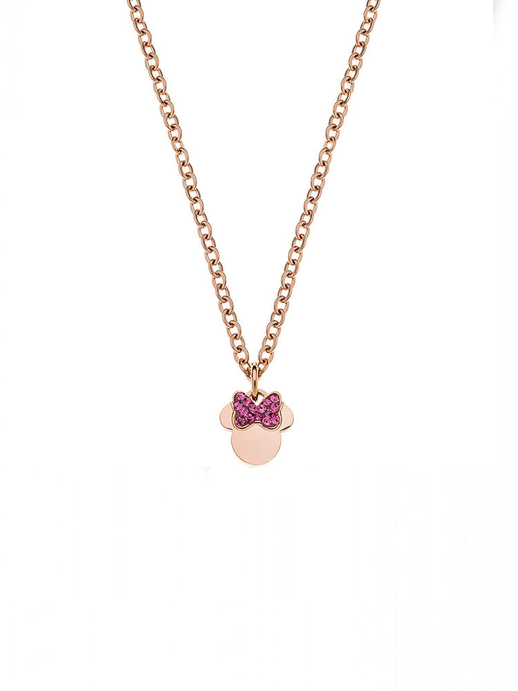 COLLANA BAMBINA MINNIE MOUSE IN ACCIAIO COLORE ROSA, E ZIRCONI SUL FIOCCO FUCSIA DISNEY