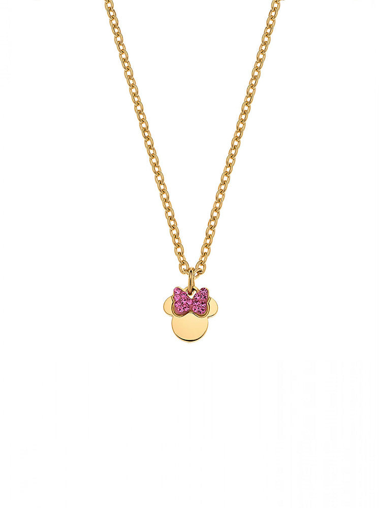 COLLANA BAMBINA MINNIE MOUSE IN ACCIAIO COLORE GIALLO, E ZIRCONI SUL FIOCCO ROSA DISNEY