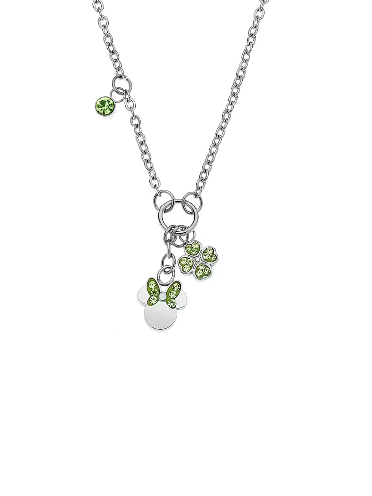 COLLANA BIMBA IN ACCIAIO CON MINNIE E QUADRIFOGLIO CON CRISTALLI VERDI DISNEY