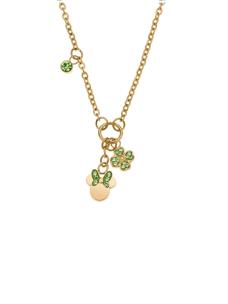 COLLANA BIMBA IN ACCIAIO DORATO CON MINNIE E QUADRIFOGLIO CON CRISTALLI VERDI DISNEY