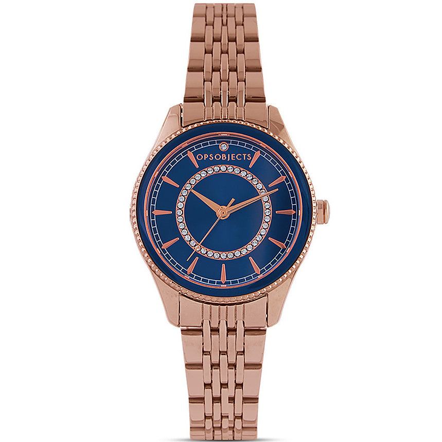 OROLOGIO DONNA SOLO TEMPO IN ACCIAIO ORO ROSA, QUADRANTE BLU CRISTALLI OPS