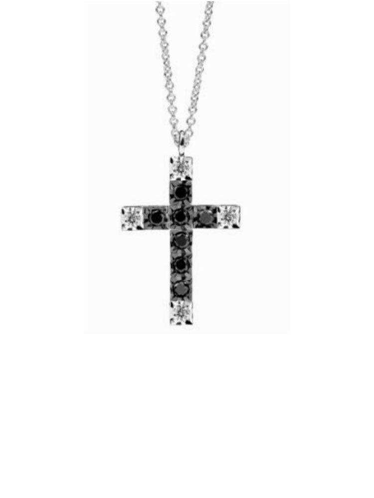 COLLANA UOMO IN ORO BIANCO CROCE CON DIAMANTI NERI E BIANCHI RECARLO