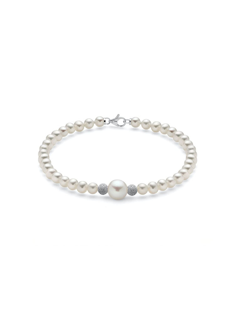 BRACCIALE DONNA DI PERLE IN ORO BIANCO 18KT CON DUE SFERE DIAMANTATE IN ORO CENTRALI MILUNA