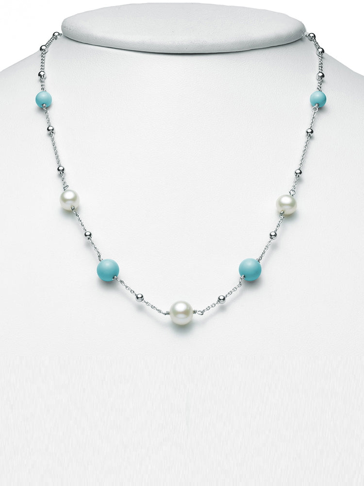 COLLANA DONNA CON PERLE BIANCHE E AGGLOMERATO COLOR TURCHESE MILUNA