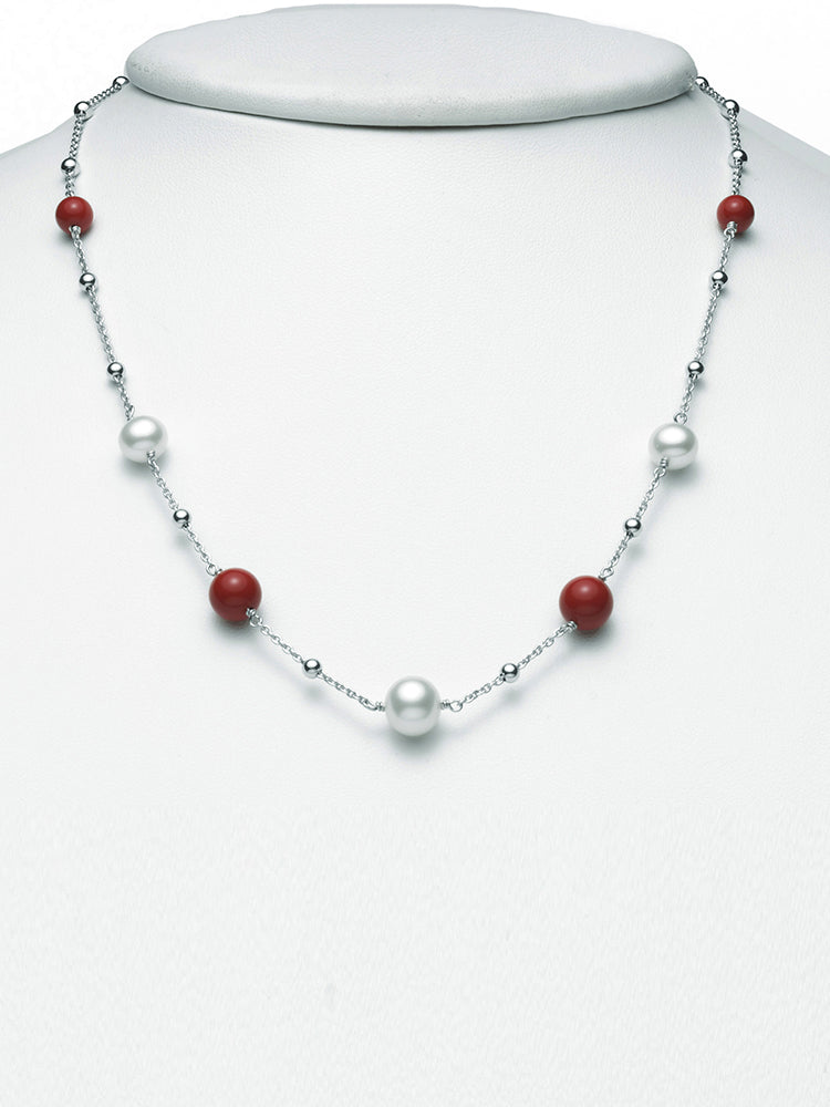 COLLANA DONNA CON PERLE BIANCHE E AGGLOMERATO CORALLO ROSSO MILUNA