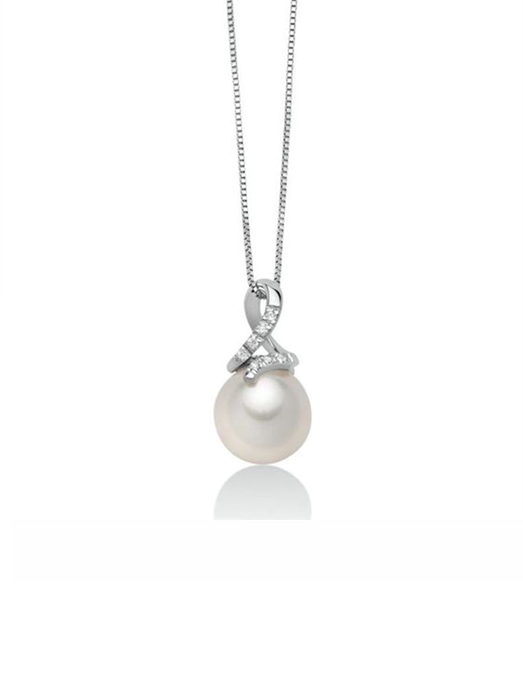 COLLANA DONNA IN ORO BIANCO CON PERLA 8,5/9 E DIAMANTI MILUNA