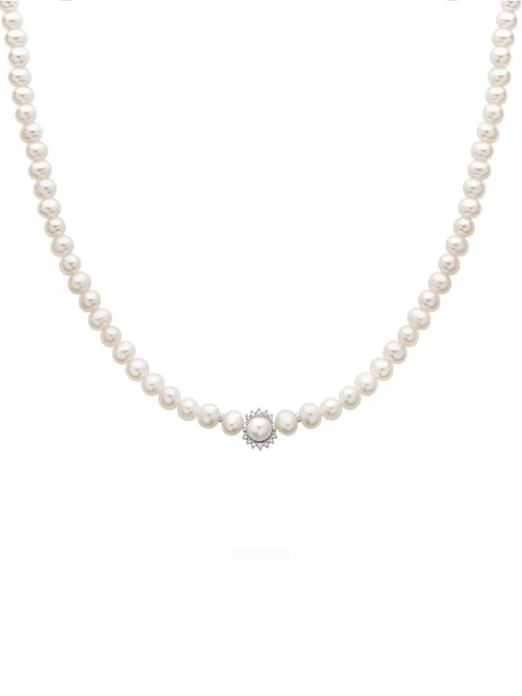 COLLANA DONNA DI PERLE CON DIAMANTI SULLA PERLA CENTRALE E ORO BIANCO MILUNA