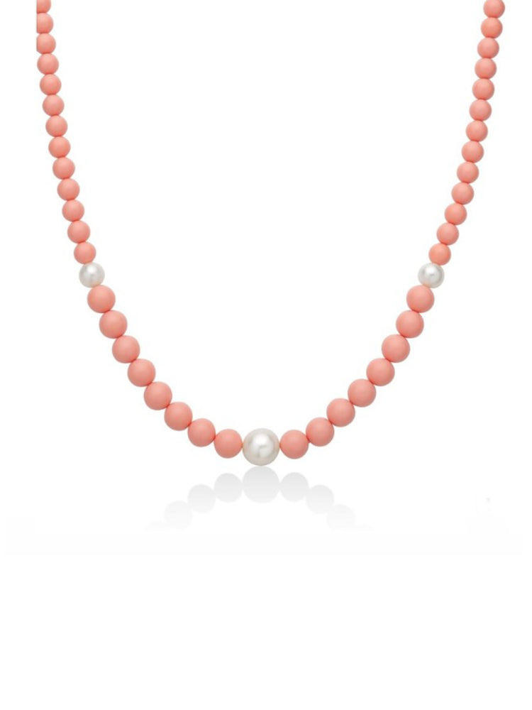 COLLANA DONNA DI PERLE IN PASTA DI CORALLO ROSA E 3 PERLE BIANCHE MILUNA