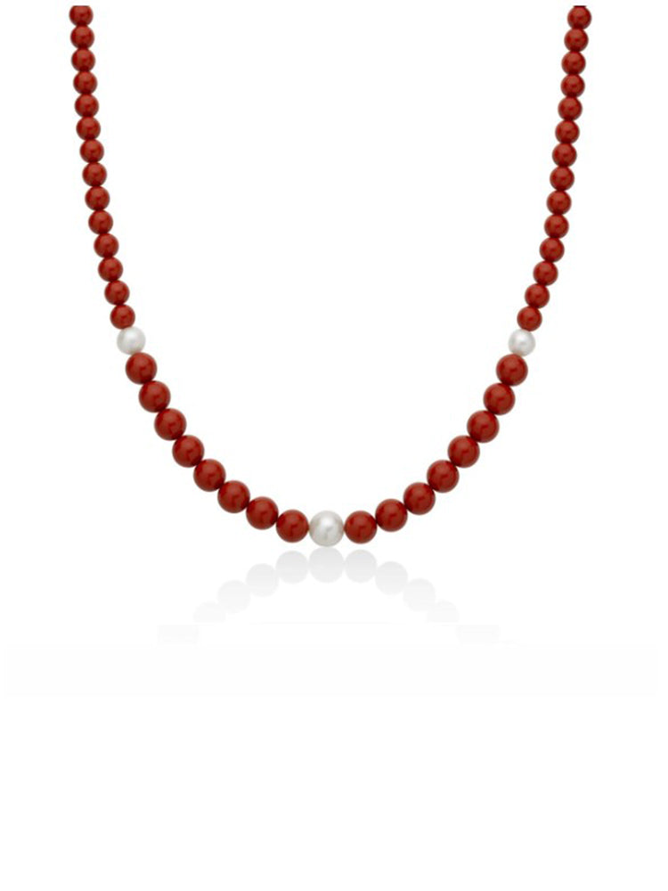 COLLANA DONNA DI PERLE IN PASTA DI CORALLO ROSSO E 3 PERLE BIANCHE MILUNA