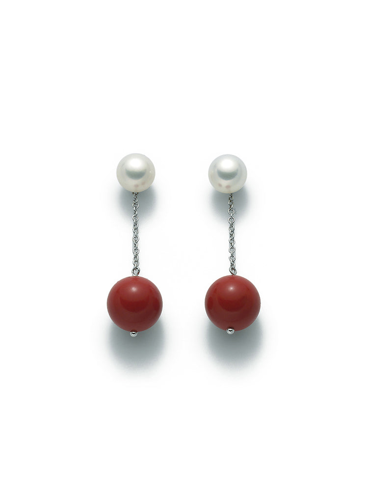 ORECCHINI DONNA PENDENTI CON PERLE E CORALLO ROSSO MILUNA