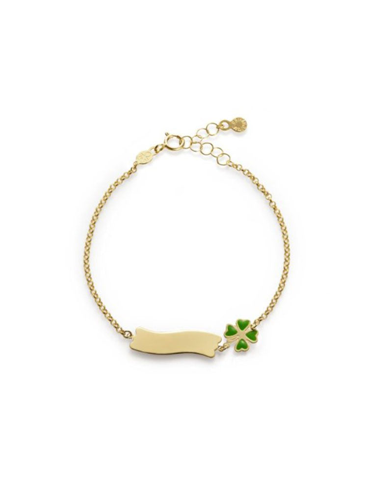 BRACCIALE BIMBA MORBIDO FORTUNA CON QUADRIFOGLIO E TARGHETTA IN ORO GIALLO LE BEBE'