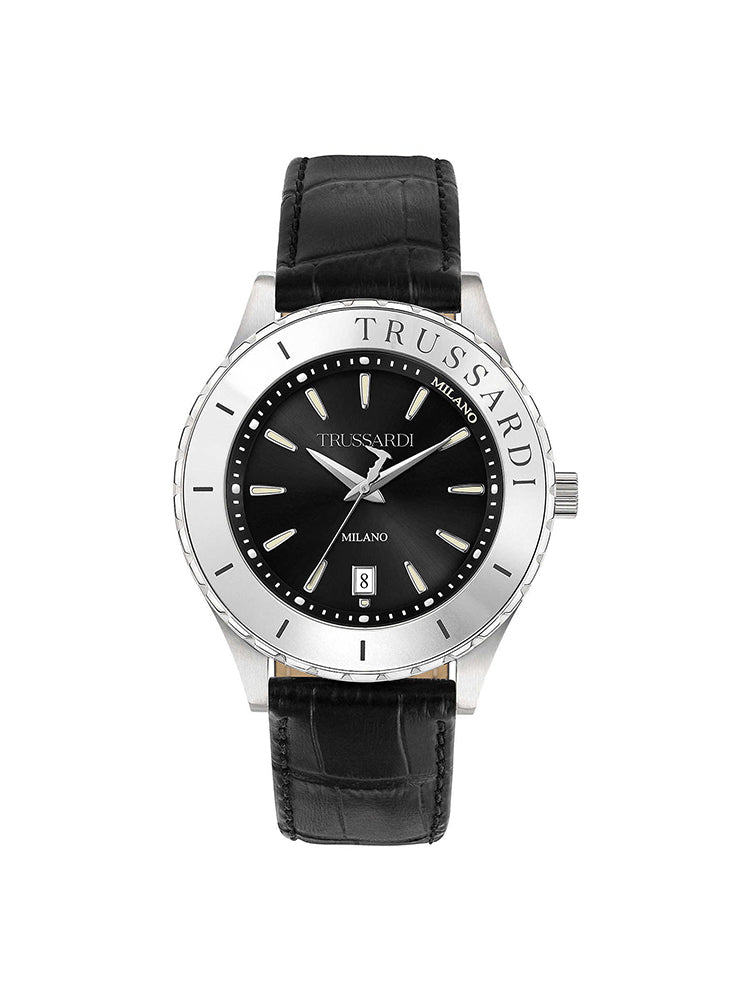 OROLOGIO UOMO SOLO TEMPO T- LOGO IN PELLE NERO TRUSSARDI