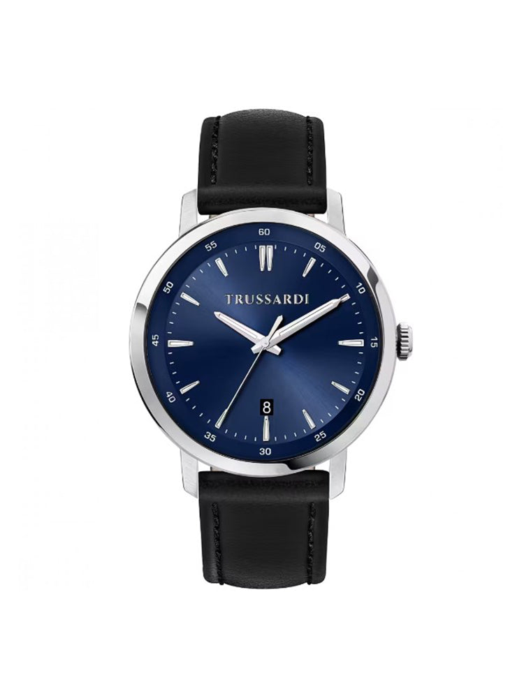 OROLOGIO UOMO T-COUPLE CON CINTURINO IN PELLE NERO E QUADRANTE BLU TRUSSARDI
