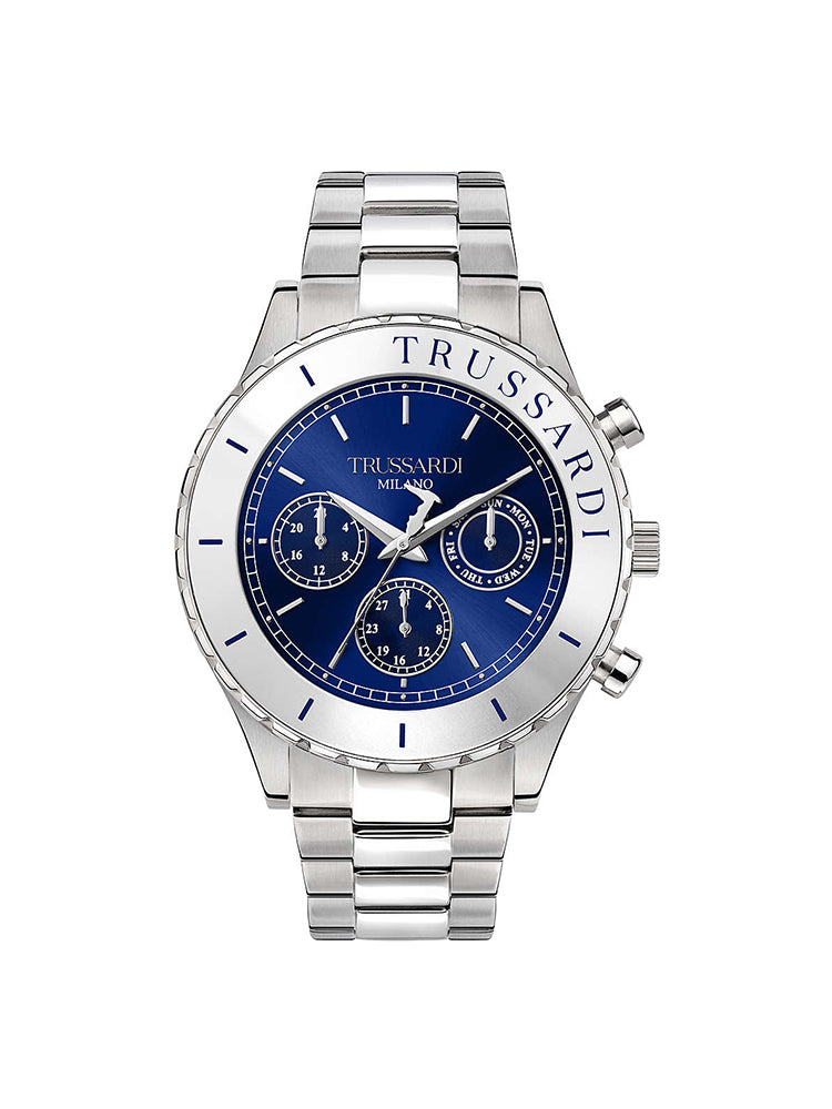 OROLOGIO UOMO MULTIFUNZIONE T- LOGO IN ACCIAIO SILVER E QUADRANTE BLU TRUSSARDI