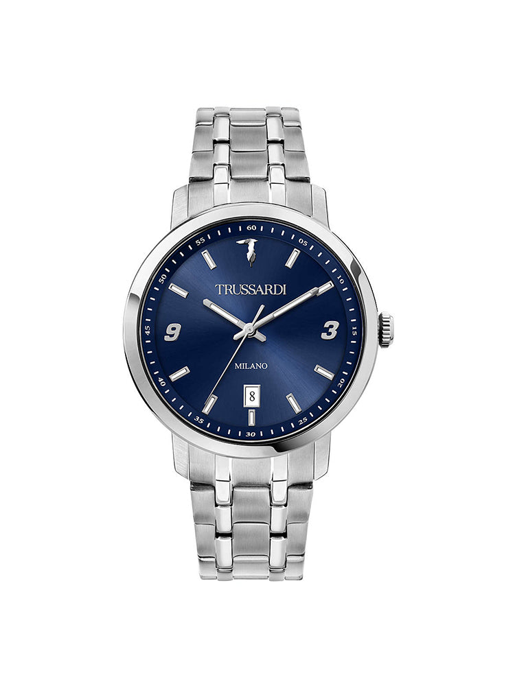 OROLOGIO UOMO SOLO TEMPO T- COUPLE IN ACCIAIO SILVER E QUADRANTE BLU TRUSSARDI