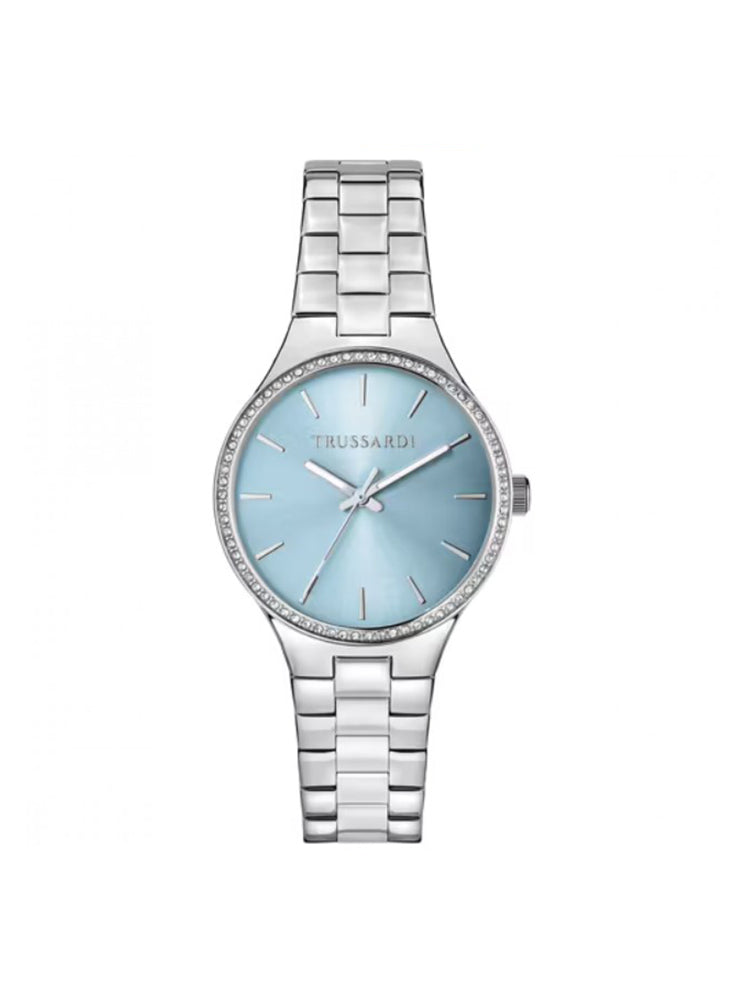 OROLOGIO DONNA T-ESSENZA IN ACCIAIO E CRISTALLI BIANCHI CON QUADRANTE AZZURRO TRUSSARDI