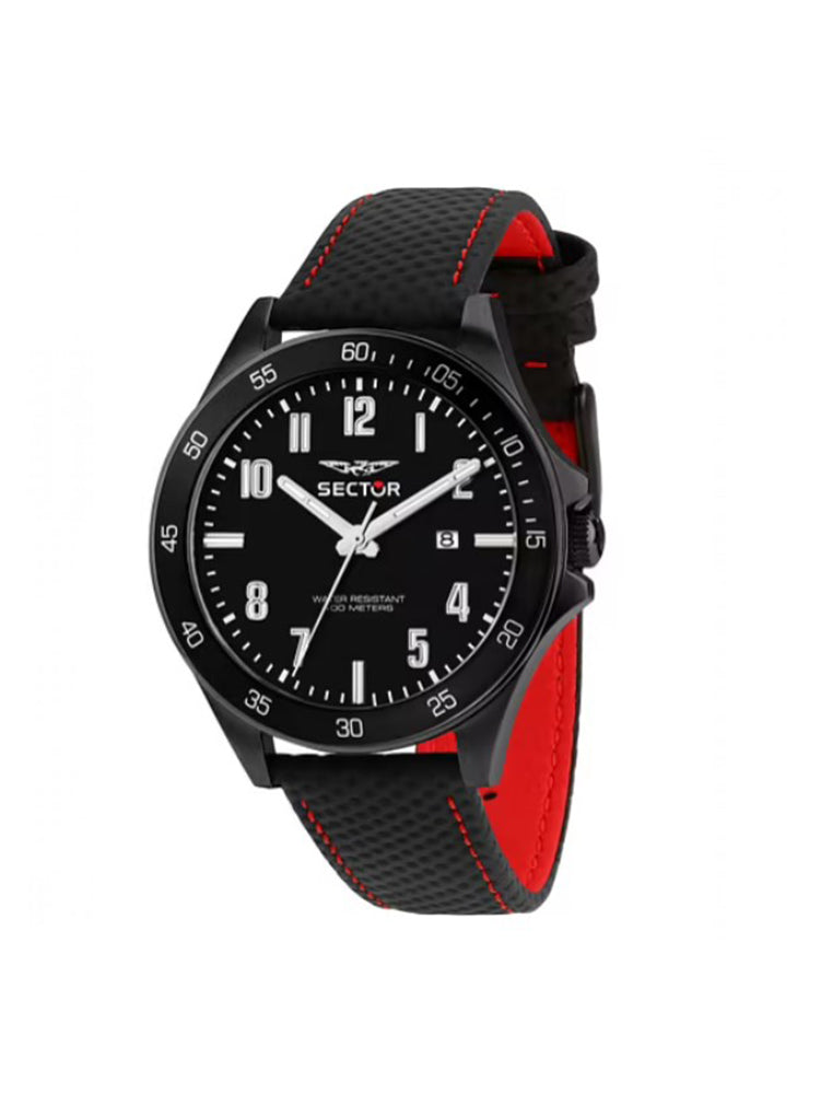 OROLOGIO UOMO CON CINTURINO IN PELLE NERA E DETTAGLI ROSSI SECTOR