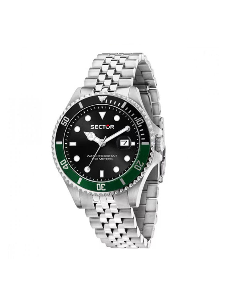 OROLOGIO UOMO SOLO TEMPO 230 IN ACCIAIO CON QUADRANTE NERO E GHIERA NERA E VERDE SECTOR