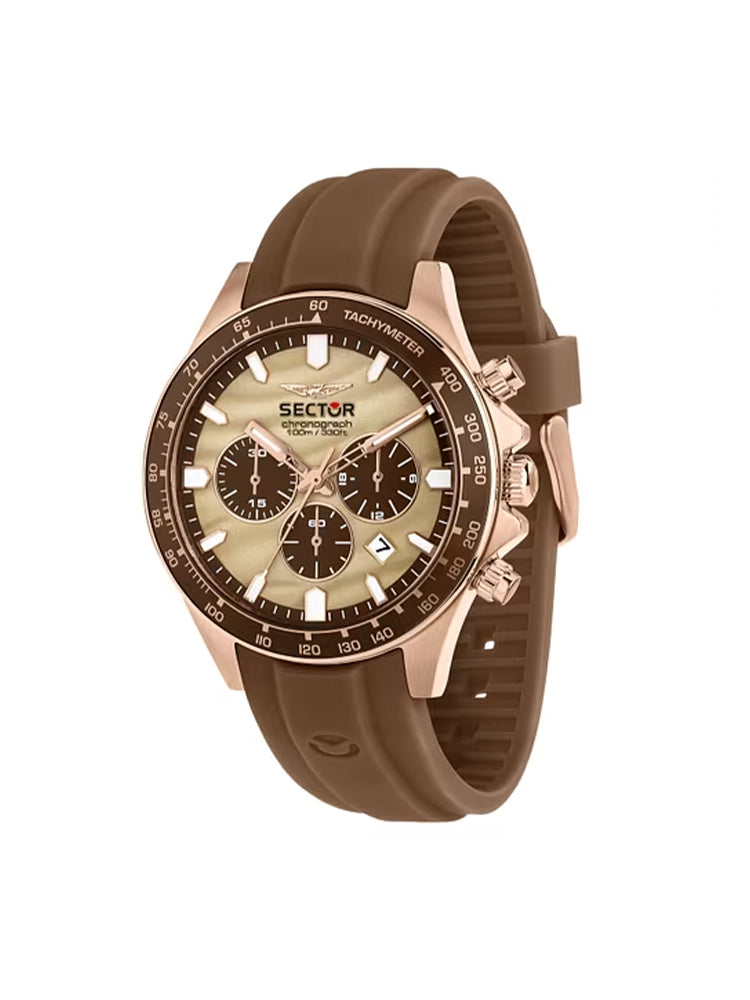 OROLOGIO UOMO CRONO CON CASSA ROSATA E CINTURINO IN SILICONE MARRONE SECTOR