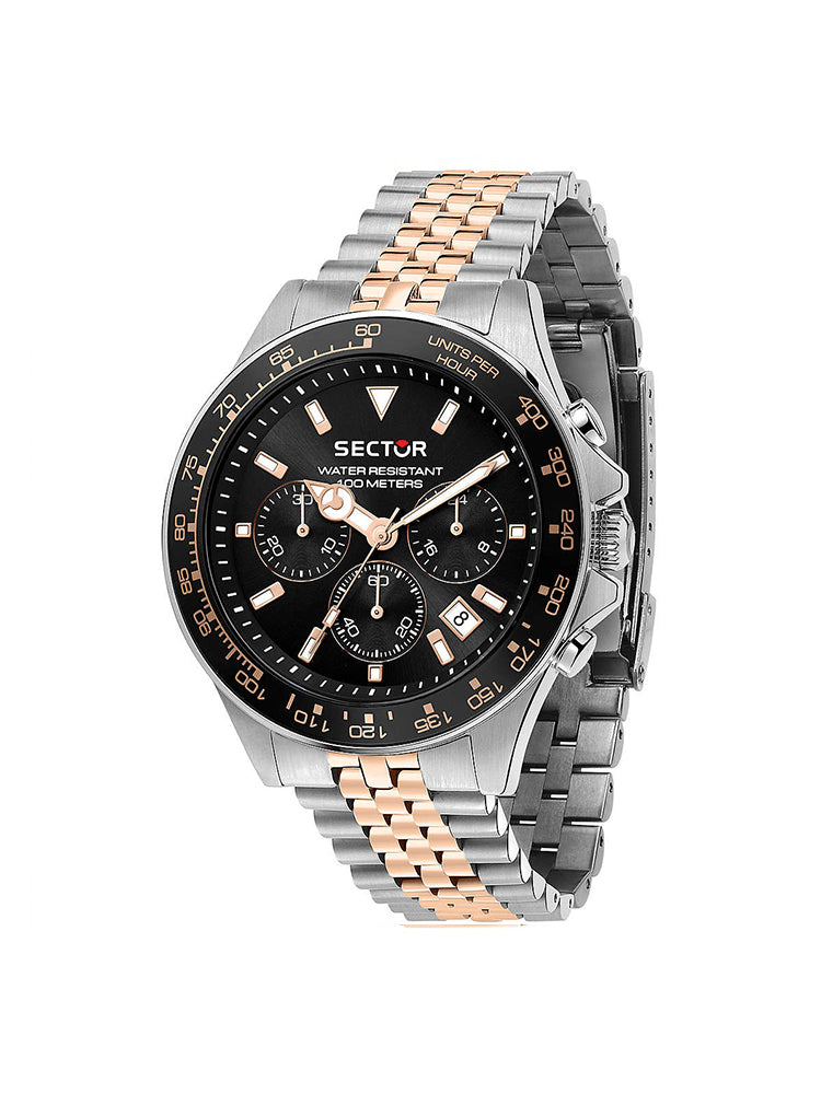 OROLOGIO UOMO 230 CRONOGRAFO IN ACCIAIO BICOLORE SILVER E ROSE' CON QUADRANTE NERO SECTOR