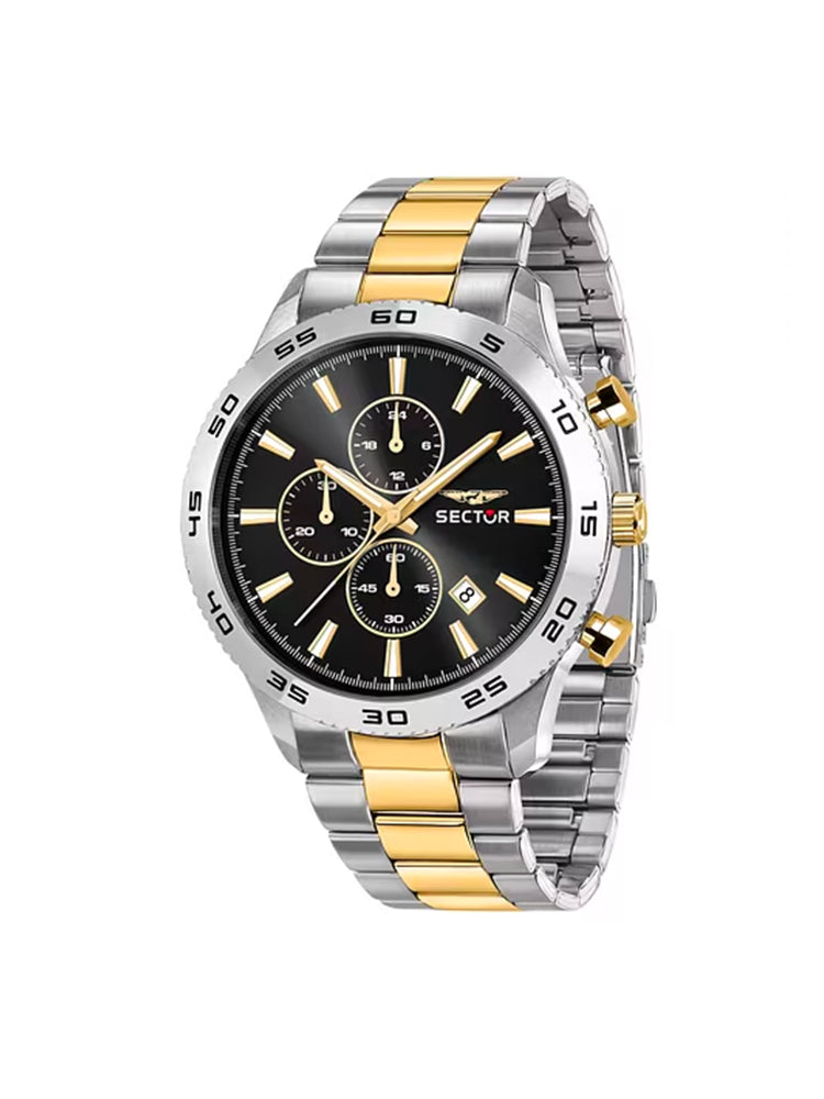 OROLOGIO UOMO CRONOGRAFO IN ACCIAIO BICOLORE DORATO E QUADRANTE NERO SECTOR