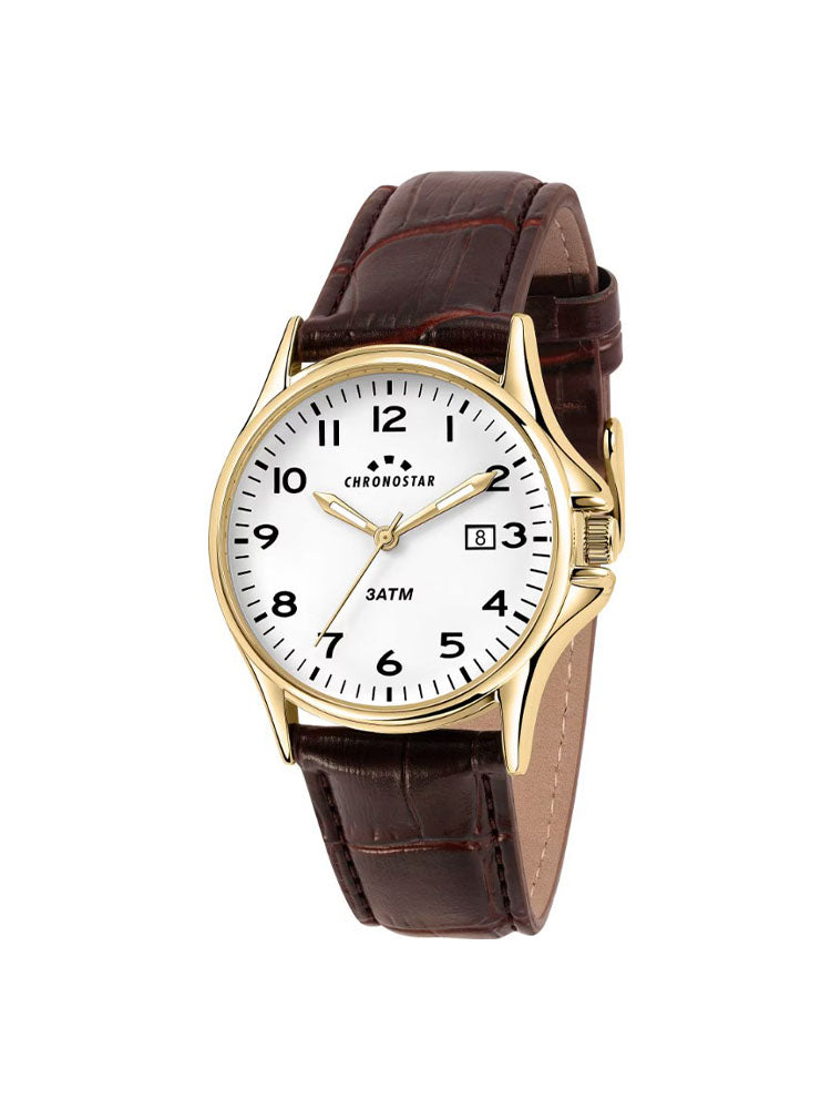 OROLOGIO UOMO SOLO TEMPO IN ACCIAIO CON CASSA GOLD CINTURINO IN PELLE MARRONE CHRONOSTAR